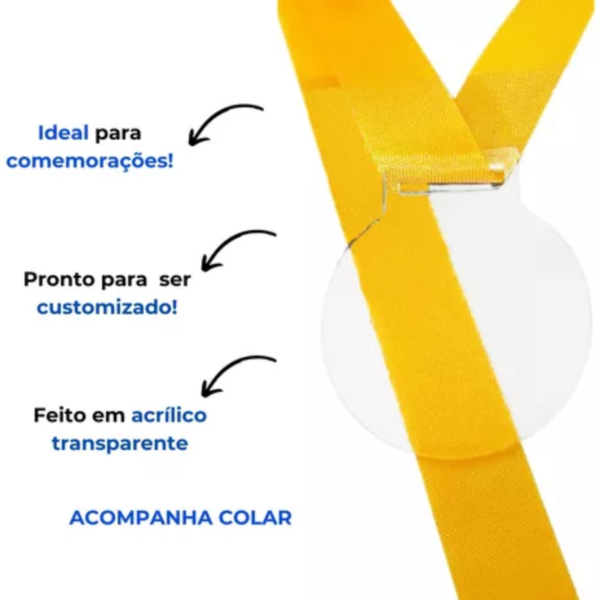 Kit 100 Medalhas Redondas 5cm Acrílico 2mm Fita Amarela - Imagem 2
