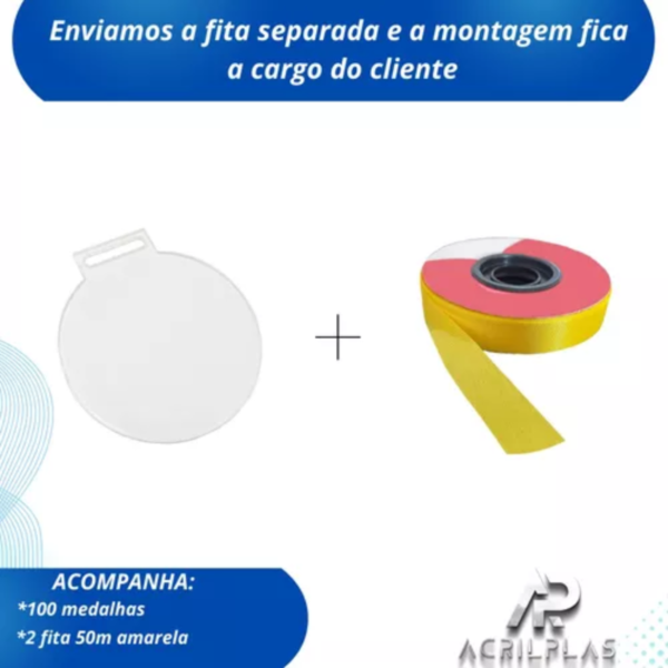 Kit 100 Medalhas Redondas 5cm Acrílico 2mm Fita Amarela - Imagem 3